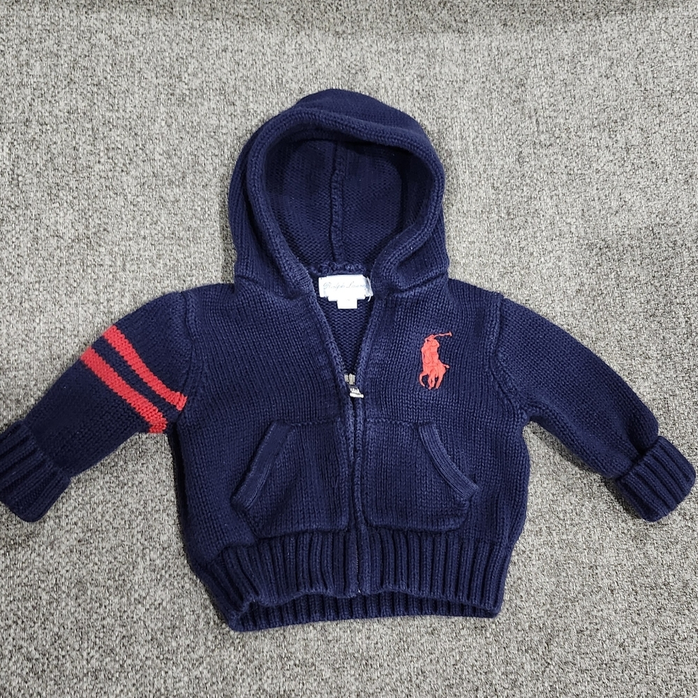 Ralph Lauren Big Pony Full-Zip Knit Hooded‎ Sweater Baby 3M Preppy Blue